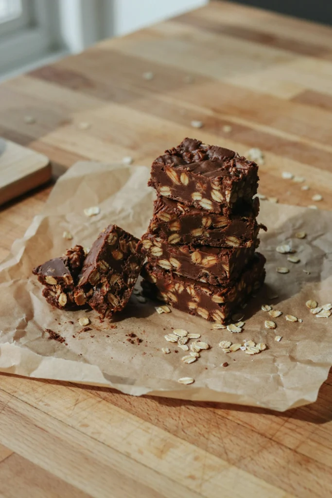 Dense chocolate oat bars with a fudgy texture, cut into squares and stacked on parchment