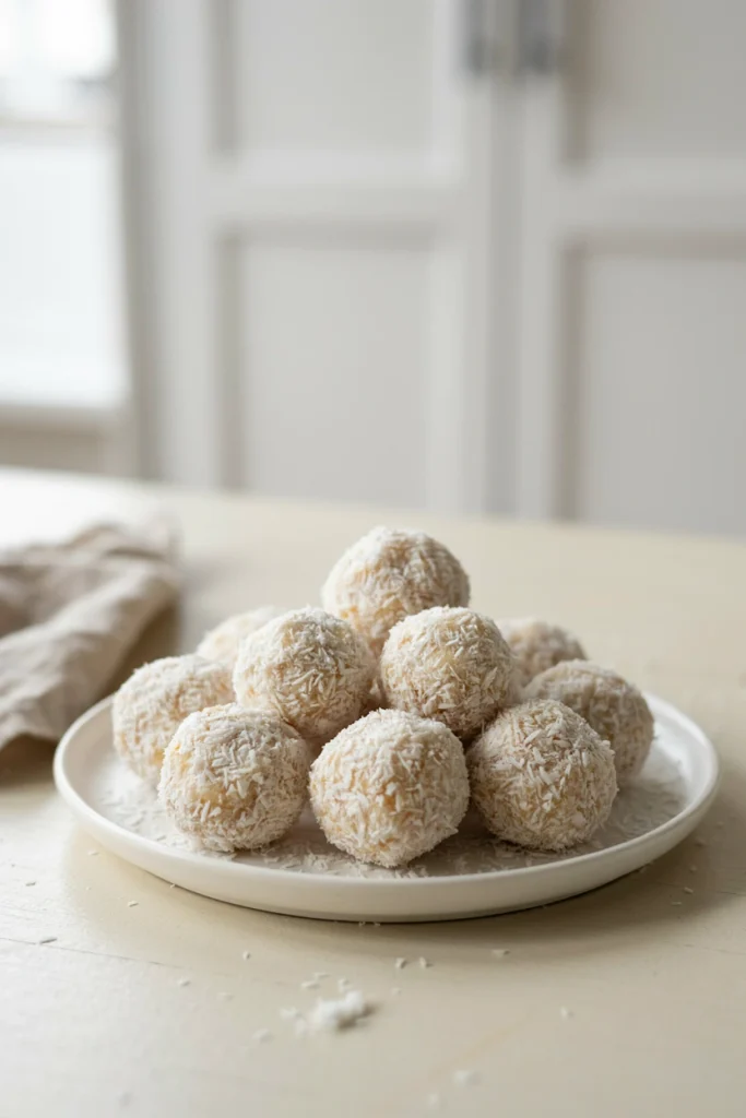 Round white coconut-covered bites piled on a plate like little snowballs