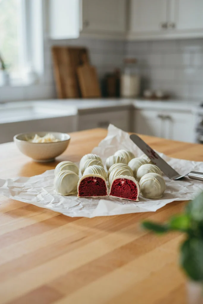 Bright red cake balls dipped in white chocolate, crumb texture visible when cut in half