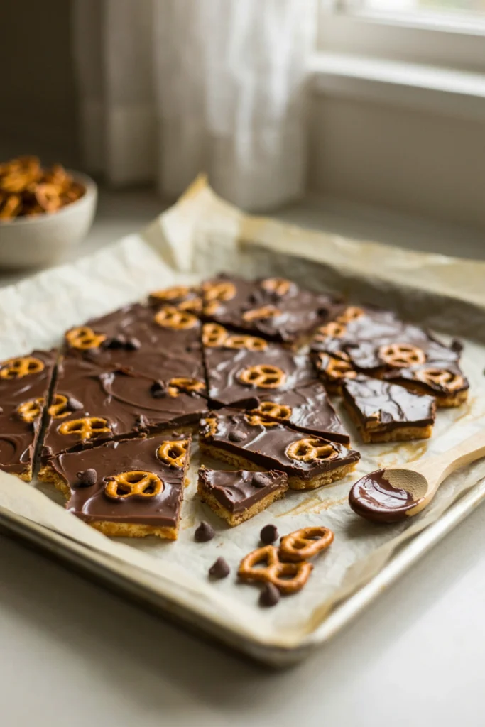 Saltine or pretzel toffee bark with chocolate drizzle and sprinkles, broken into jagged pieces