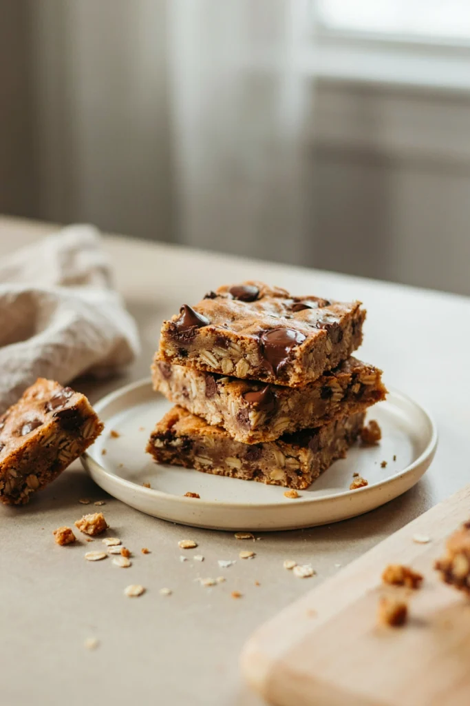 Thick chewy oatmeal bars studded with chocolate chips, cut into squares showing visible oats