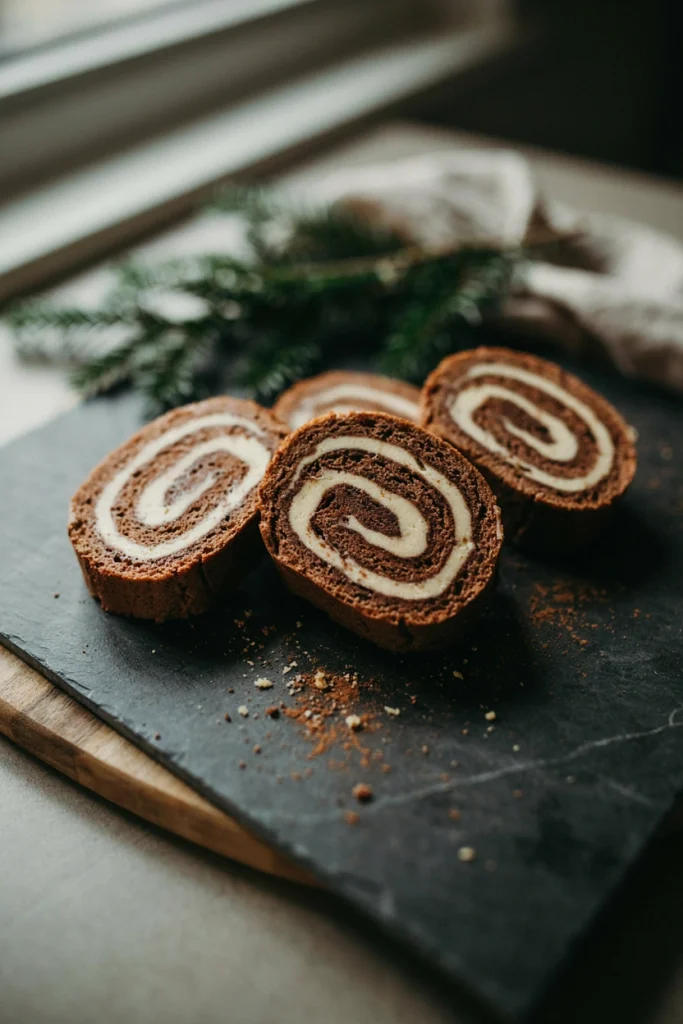 Rolled-style chocolate bars with a swirl of coffee buttercream, cut into rounds to resemble a mini yule log slice