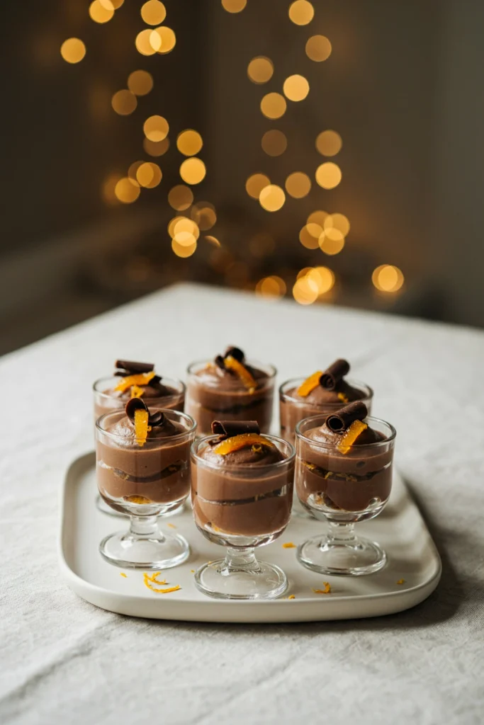 Small glass cups layered with dark chocolate mousse and candied orange zest, topped with a curl of chocolate shaving.