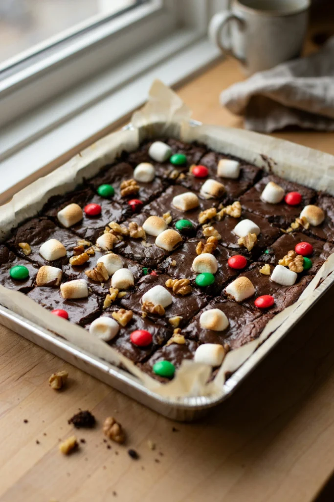 Fudgy brownies loaded with mini marshmallows, chopped walnuts, and red and green M&Ms, still warm and slightly gooey