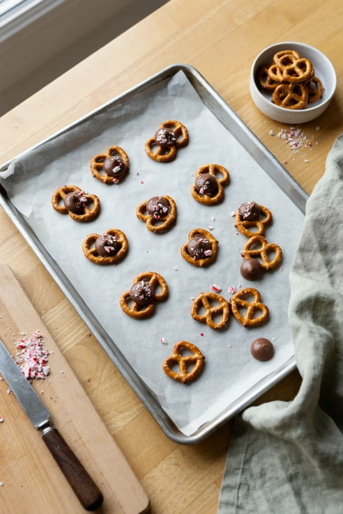 Chocolate-topped pretzel bites with mini peppermint candy pressed on top
