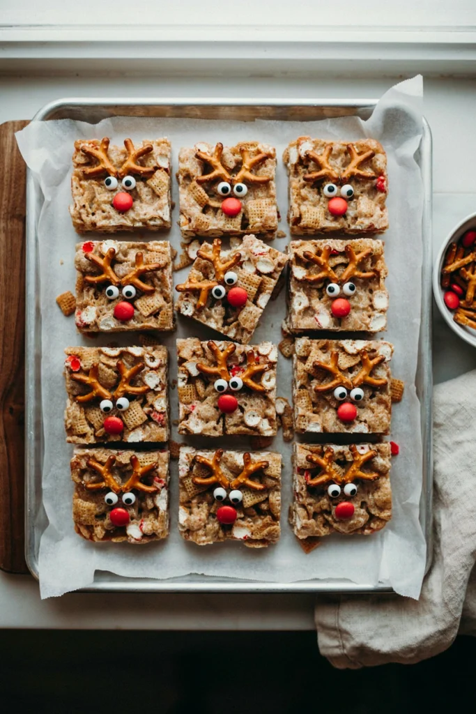 Sliced marshmallow Chex mix bars decorated as reindeer with pretzel antlers and candy eyes