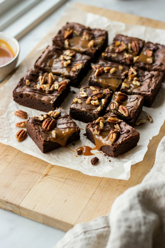 Fudgy brownies topped with a thick layer of caramel, toasted pecans, and drizzled chocolate, cut into squares showing the gooey caramel pocket
