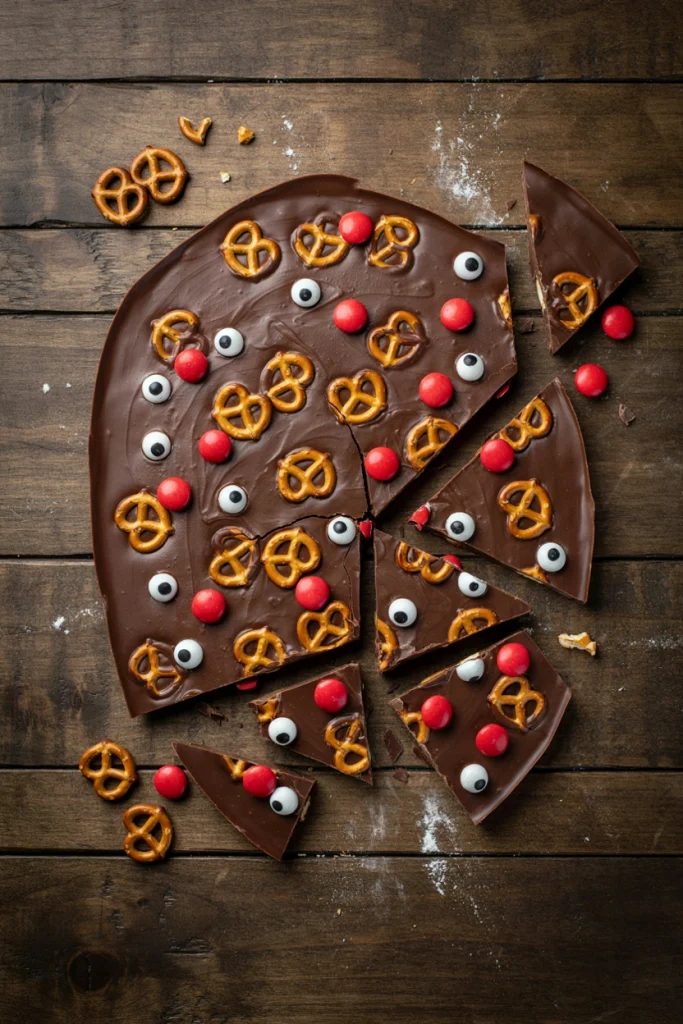 Broken slab of chocolate bark studded with pretzel pieces, candy eyes, and red candies