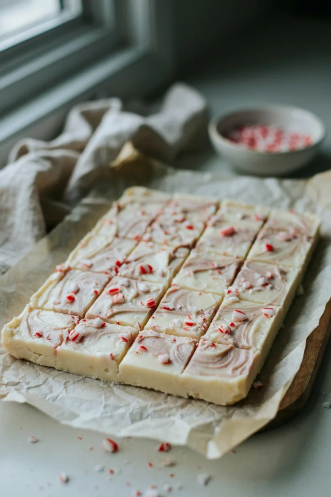 Smooth white fudge bars swirled with pink peppermint and topped with crushed candy cane, cut into squares