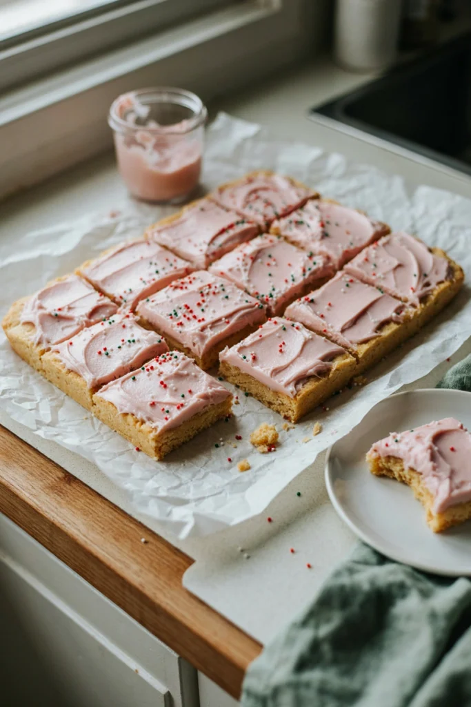 Thick pale sugar cookie bars topped with pink and white frosting and red and green holiday sprinkles