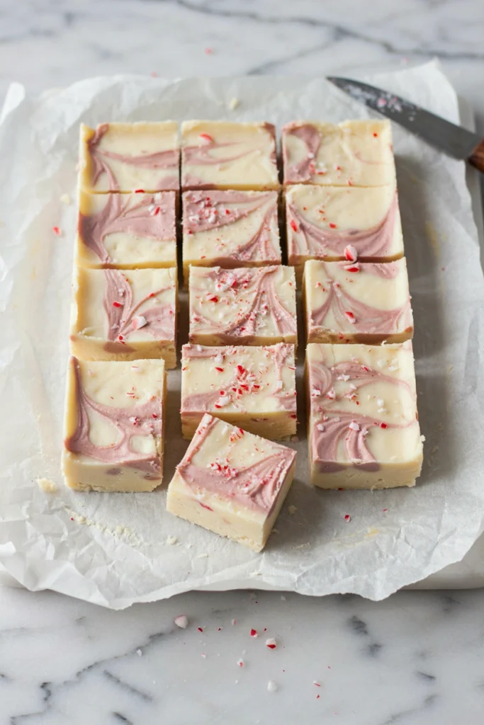 Peppermint white chocolate fudge squares swirled with pink and topped with candy cane