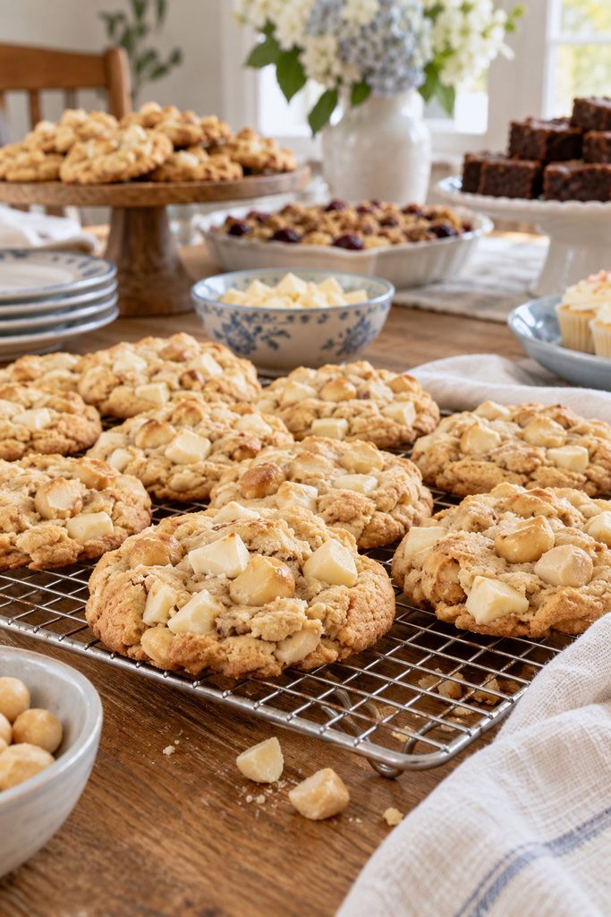 Thick, pale golden cookies loaded with white chocolate chunks and macadamia nuts, cooling on a rack.