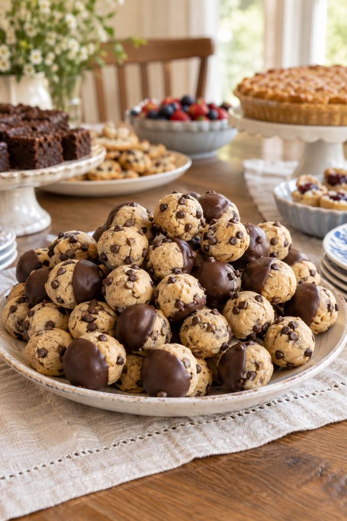 Small round balls of edible cookie dough with mini chocolate chips, some dipped in chocolate, arranged on a tray.