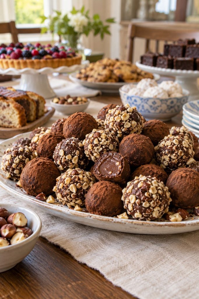 Round chocolate truffles rolled in cocoa powder and chopped hazelnuts, arranged on a small plate, glossy interior visible in a halved one.