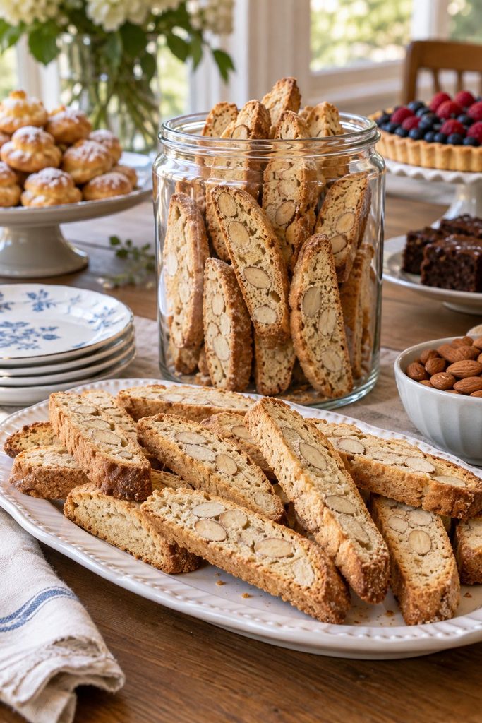 Slanted slices of golden biscotti with visible almond pieces, standing upright in a jar, crisp and pale gold.
