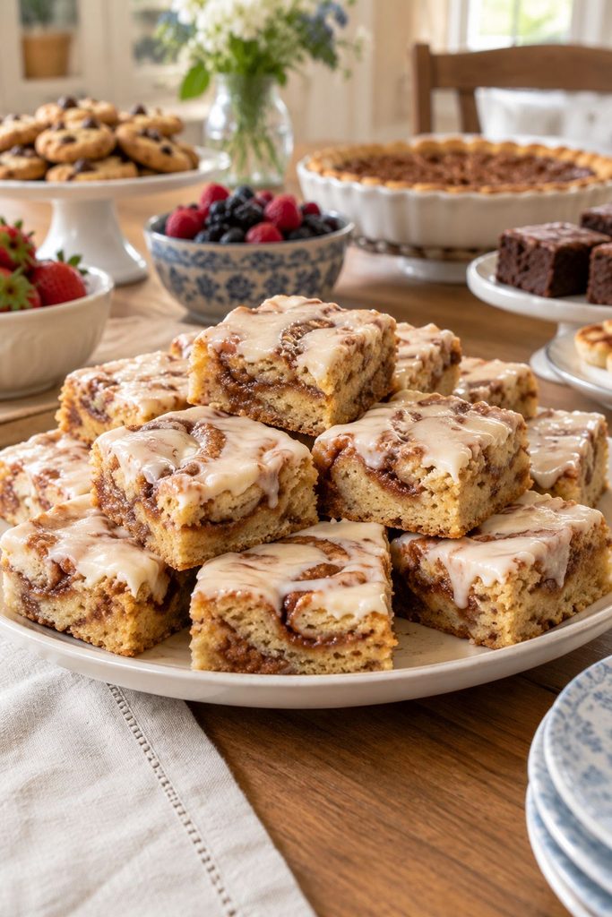 Blondies swirled with cinnamon sugar and topped with a glossy cream cheese glaze, cut into squares showing a marbled cinnamon pattern.