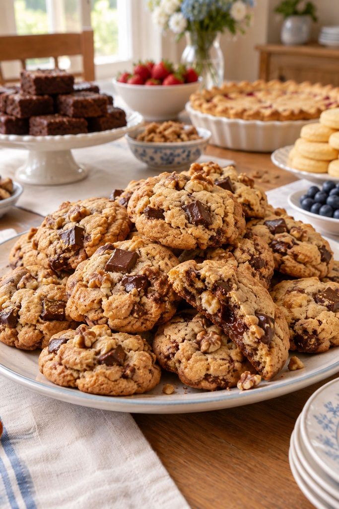 Thick, craggy chocolate chunk cookies with visible walnut pieces, golden brown edges, cooling on a rack.