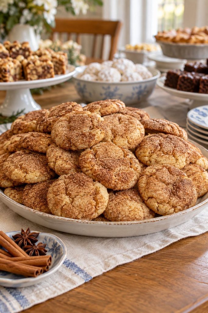 Cracked snickerdoodle cookies dusted with a deeper, spiced sugar coating, warm amber tones, cooling on parchment.