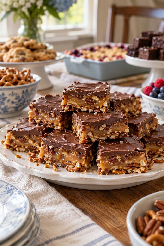 Bars with a pretzel crust, a layer of caramel and pecans, and a chocolate top, cut into squares showing distinct layers.