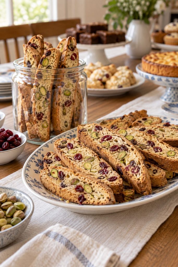 Slanted golden biscotti slices with visible green pistachios and red dried cranberries, standing upright in a jar.
