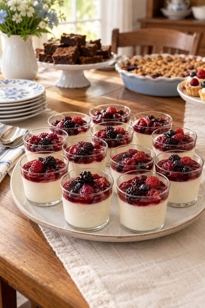 Small clear cups of silky white panna cotta topped with a spoonful of fresh berry compote, elegant and glossy.