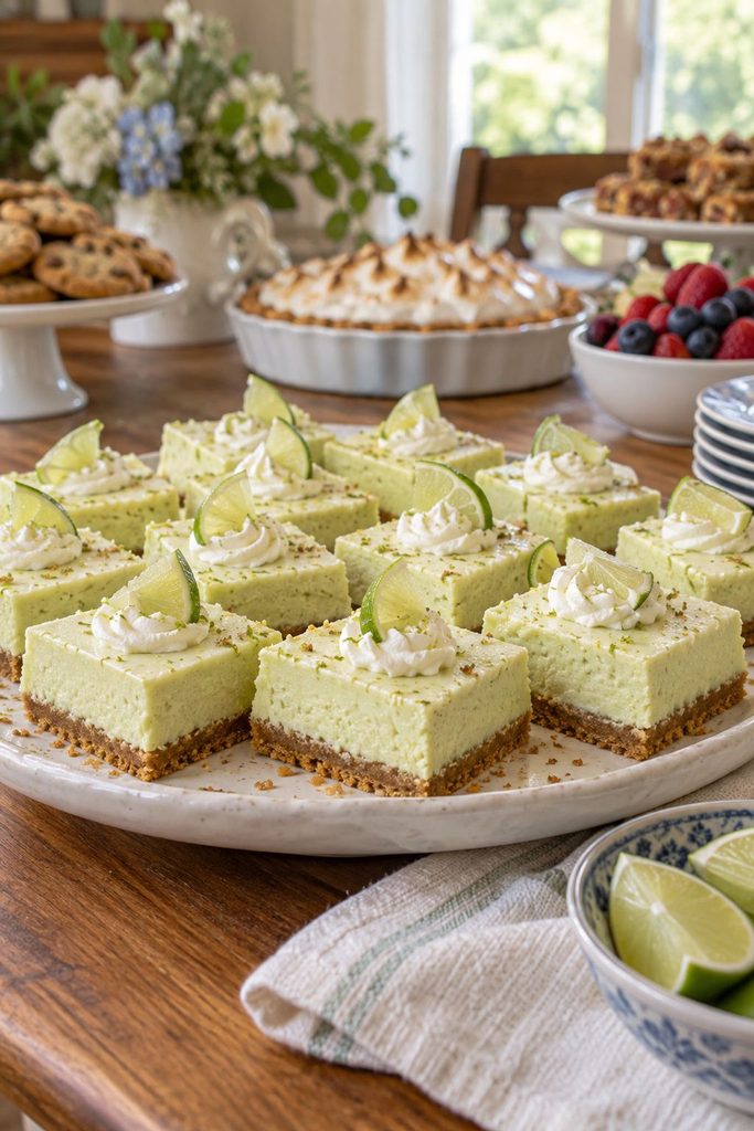 Pale green key lime bars with a graham cracker crust, a dollop of whipped cream on top, lime wedge garnish.