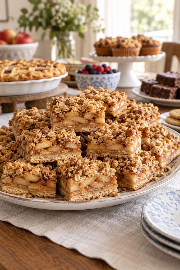 Bars with a golden oat streusel top and a visible layer of cinnamon-spiced apple slices underneath, cut into squares on a wooden board.