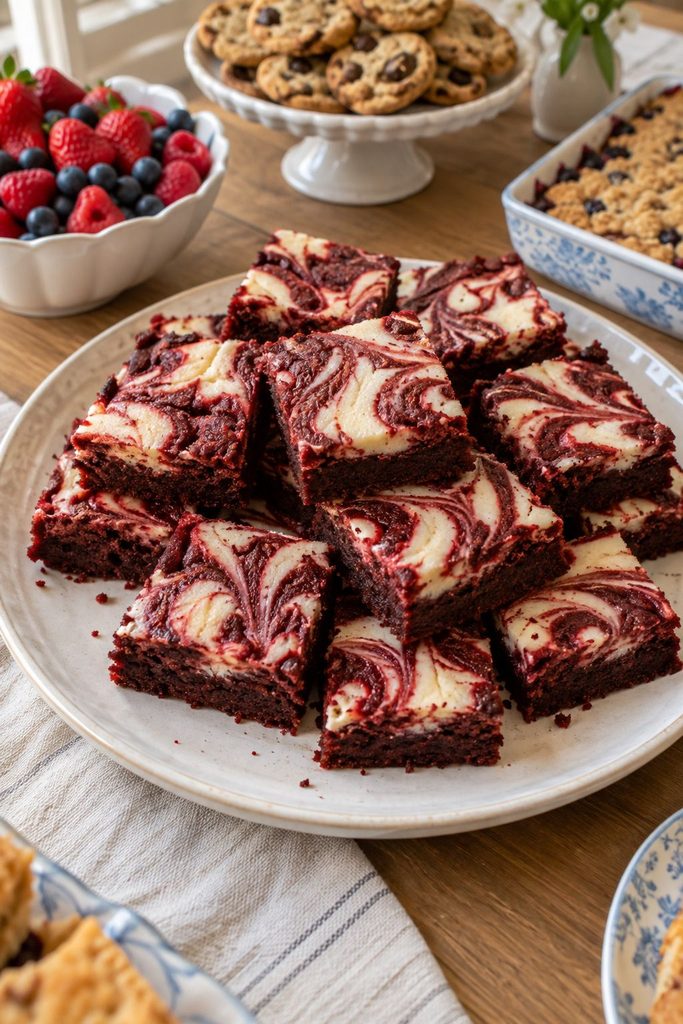 Fudgy red velvet brownies with a marbled white cream cheese swirl, cut into squares showing a deep red and white pattern.