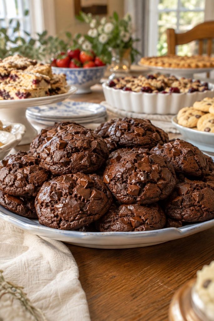 Domed chocolate muffin tops with visible chocolate chips, glossy crackled surface, arranged on a plate.