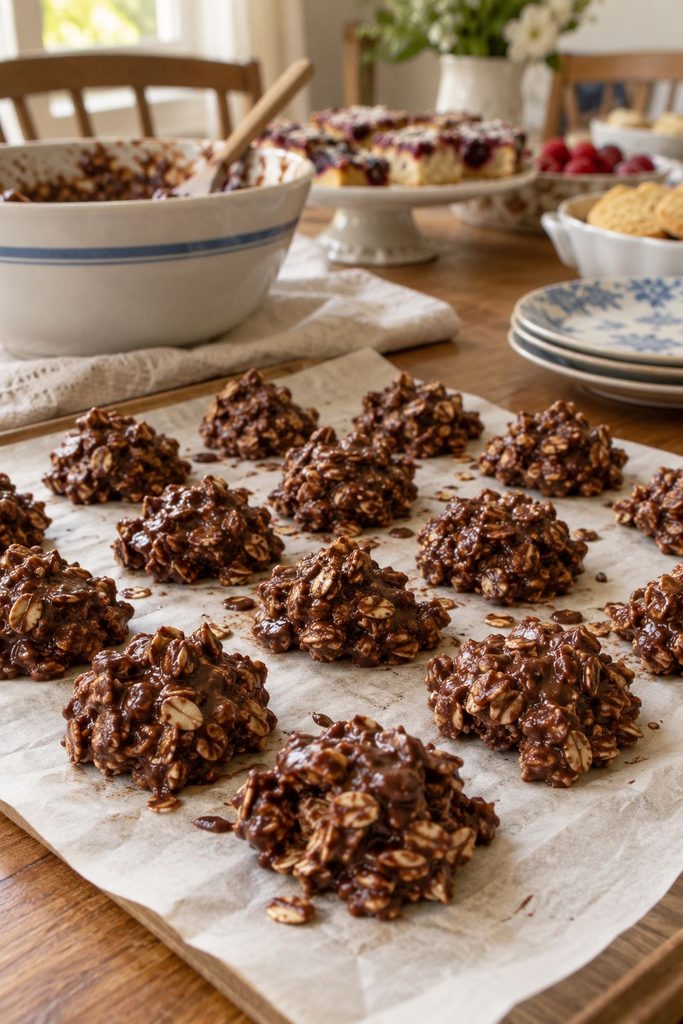 Mounded chocolate oat clusters cooling on wax paper, glossy chocolate coating, slightly rustic and uneven shapes.