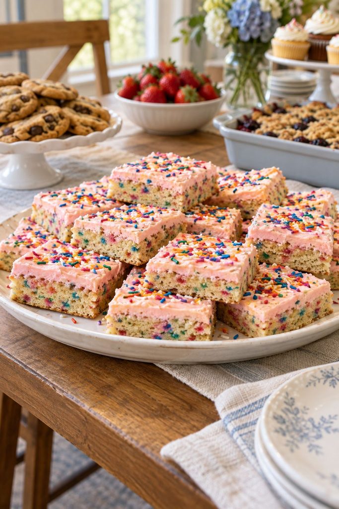 Thick sugar cookie bars covered in pink buttercream frosting and rainbow sprinkles, cut into squares, a birthday-party feel.