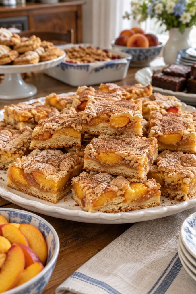 Golden bars with visible peach slices baked into a crumbly base, dusted lightly with cinnamon sugar, cut into squares.