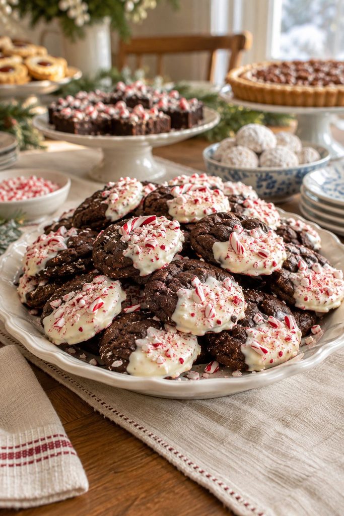Chocolate cookies dipped in white chocolate and sprinkled with crushed candy cane pieces, arranged on a holiday platter.