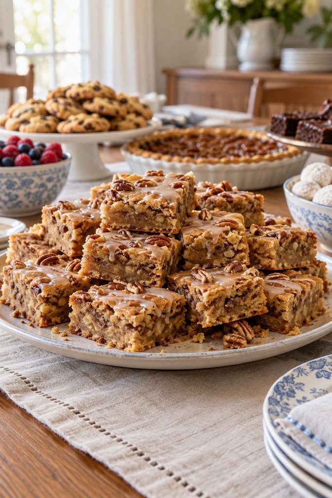 Dense golden blondies studded with toasted pecans, a maple glaze drizzled on top, cut into squares.