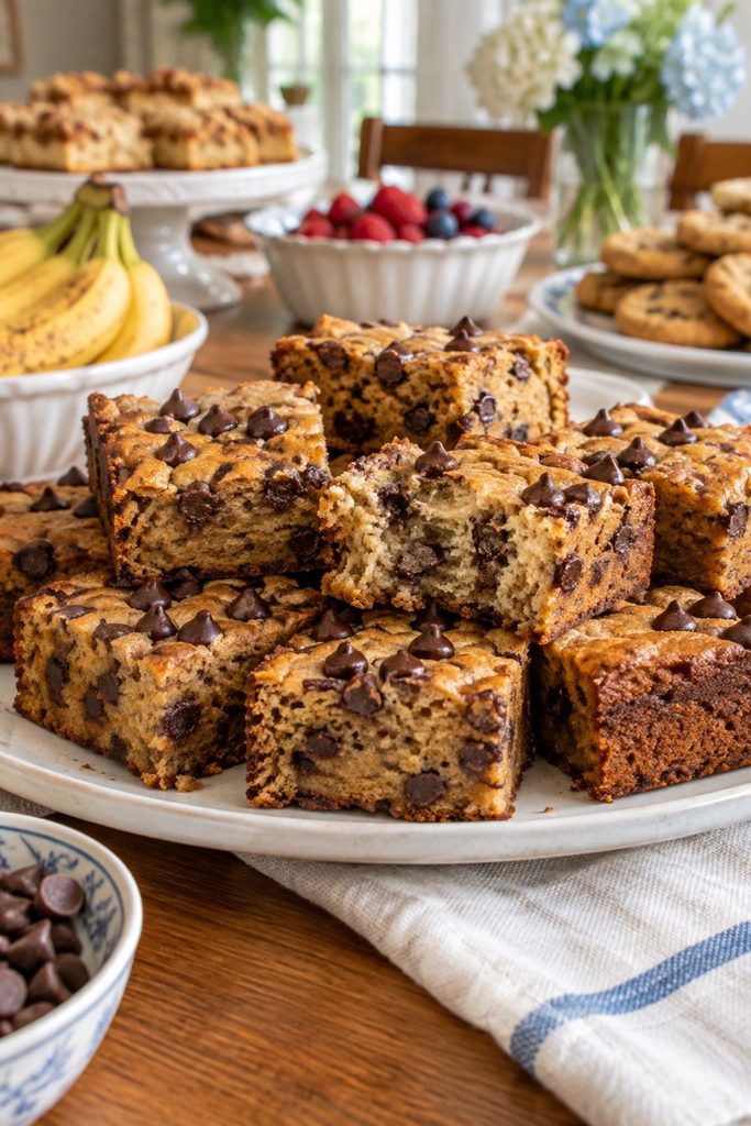Thick banana bread bars studded with chocolate chips, cut into squares, moist crumb visible.