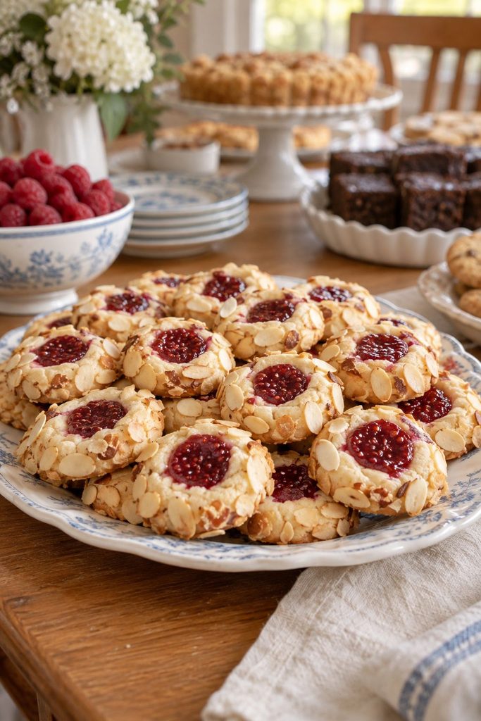 Round shortbread thumbprint cookies with a pool of bright red raspberry jam in the center, sliced almonds pressed into the edges.