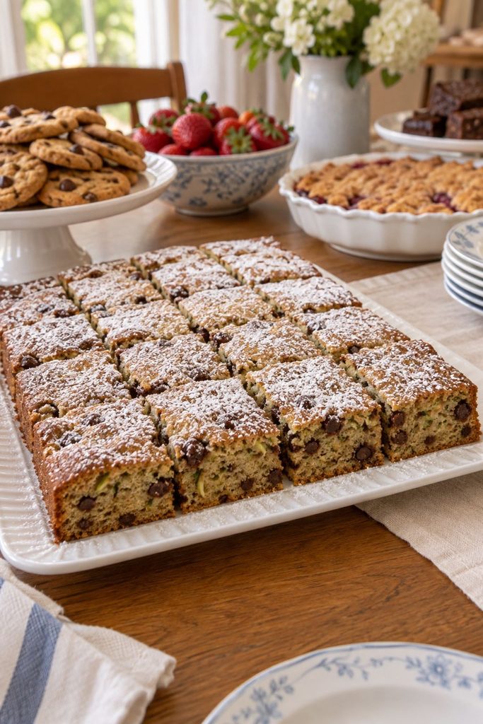 A single-layer zucchini chocolate chip cake dusted with powdered sugar, cut into squares, visible flecks of green zucchini in the crumb.