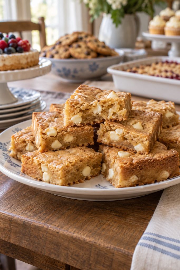 Golden blondies studded with white chocolate chips, cut into squares showing a chewy, slightly underbaked-looking center.