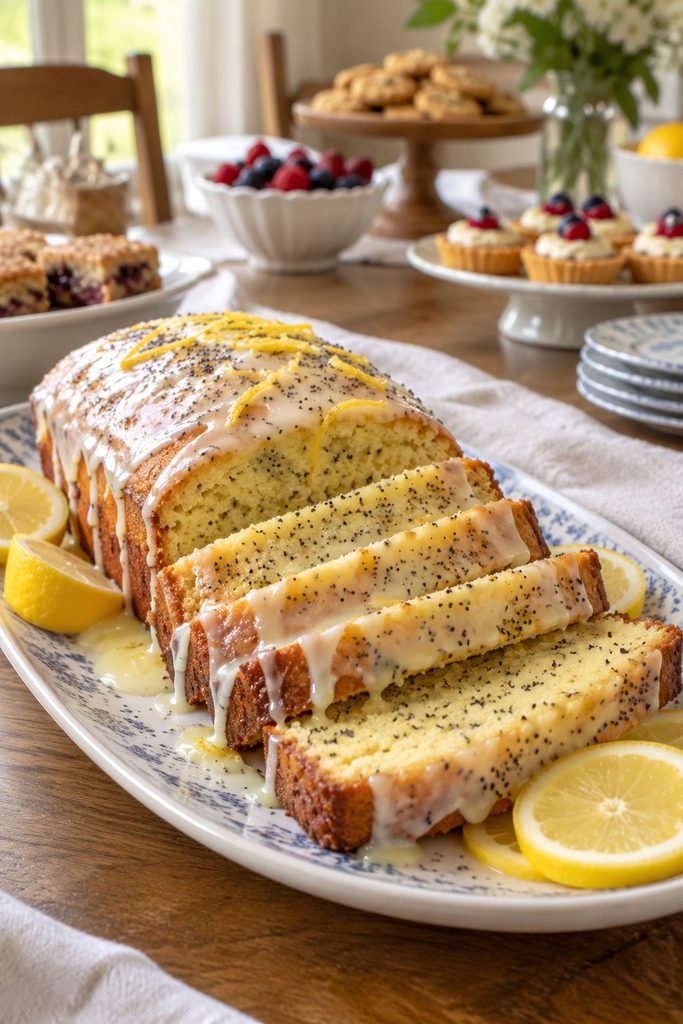 A sliced lemon poppy seed loaf cake with a shiny lemon glaze dripping down the sides, poppy seeds visible in the crumb.