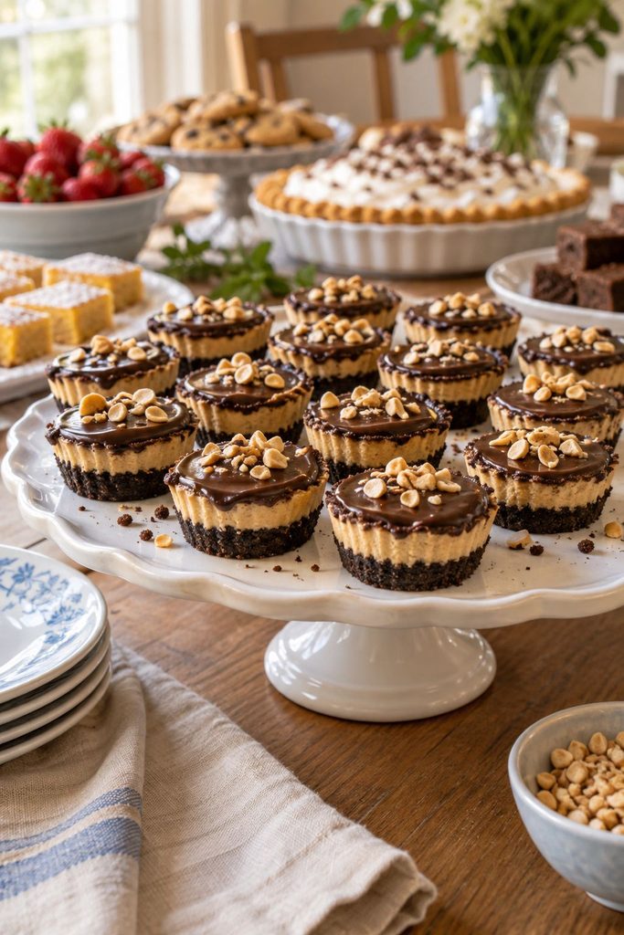 Mini tart-shaped bites with a chocolate cookie crust and creamy peanut butter filling, topped with chocolate ganache, on a serving tray.