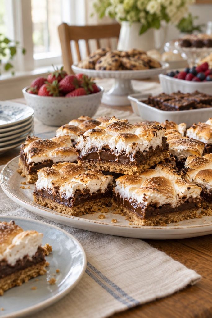 Layered s'mores bars with a graham cracker crust, chocolate layer, and toasted marshmallow top, cut into squares showing gooey layers.