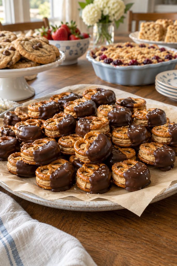 Small round pretzel and peanut butter bites half-dipped in chocolate, arranged on parchment, glossy chocolate coating visible.