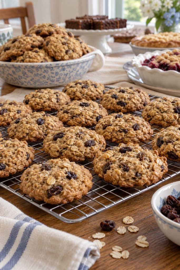 Golden brown oatmeal raisin cookies with visible oats and raisins, slightly domed, cooling on a wire rack.