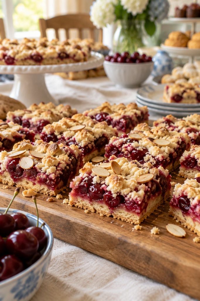 Ruby-red cherry crumble bars with a buttery streusel top and sliced almonds, cut into squares on a wooden board.