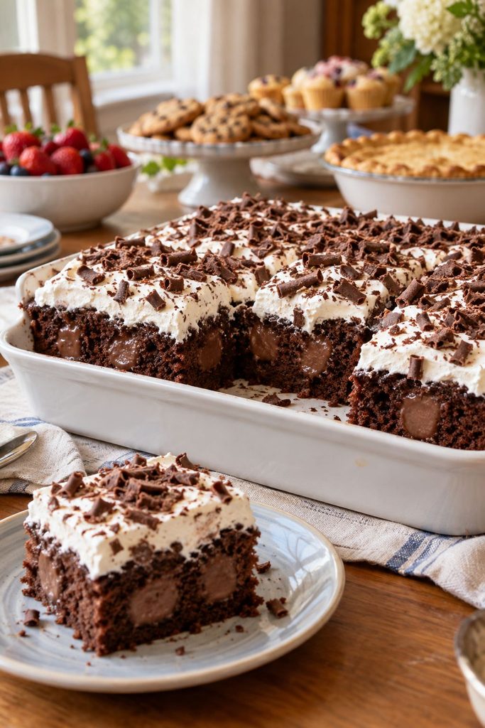 A chocolate sheet cake with visible pudding-filled holes poked through the top, whipped topping and chocolate shavings, cut into squares.