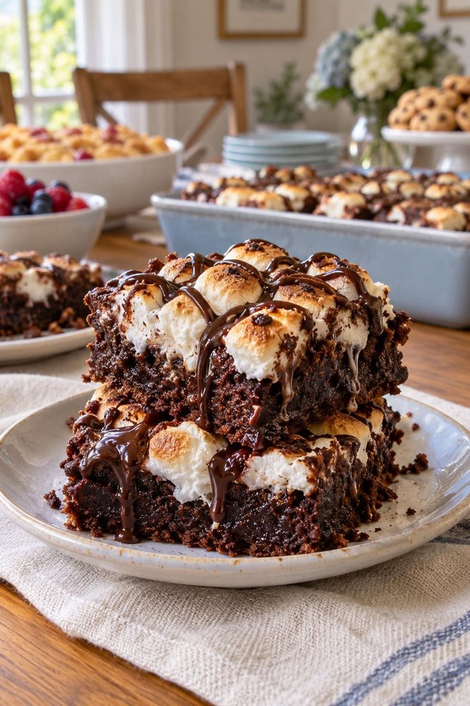 Thick fudgy brownies topped with melted marshmallows and a glossy chocolate drizzle, stacked two high, gooey pull-apart texture visible.