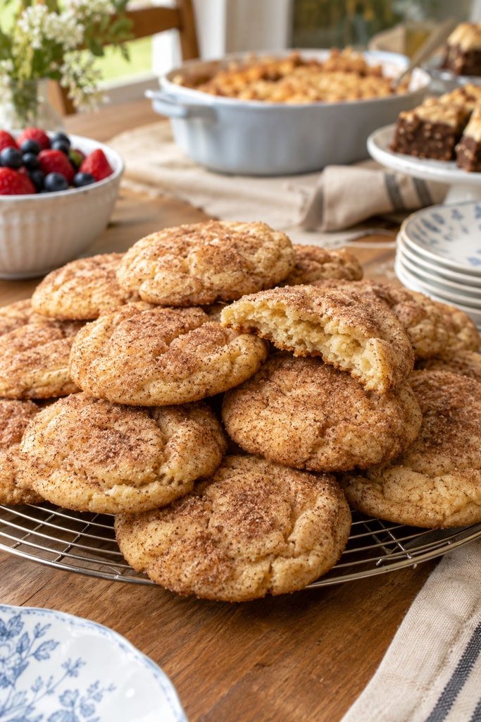 A pile of cracked, cinnamon-sugar dusted snickerdoodle cookies on a cooling rack, soft centers visible where one is broken in half.