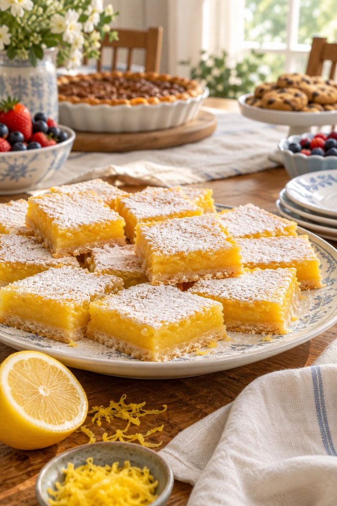 Bright yellow lemon bars dusted with powdered sugar, arranged in neat squares on white parchment, a lemon half in the background.