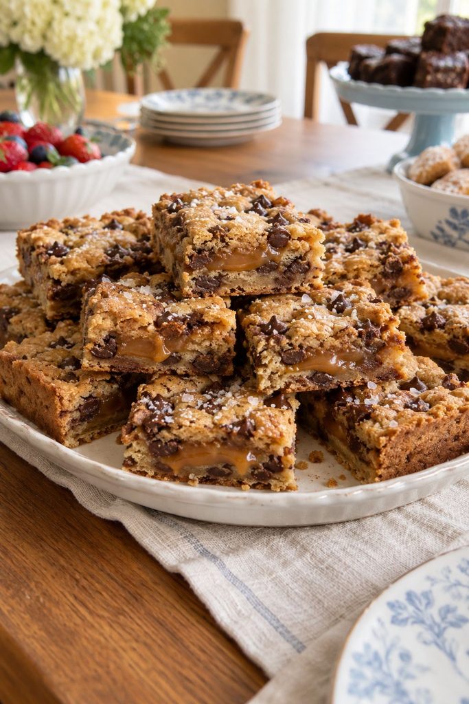 A pan of chocolate chip cookie bars with visible pockets of gooey caramel and flaky salt, cut into squares showing a molten caramel center.