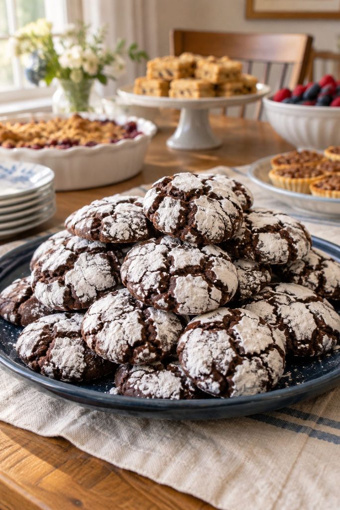 Rounded chocolate crinkle cookies dusted heavily in powdered sugar with deep cracks revealing dark chocolate beneath, on a dark plate.